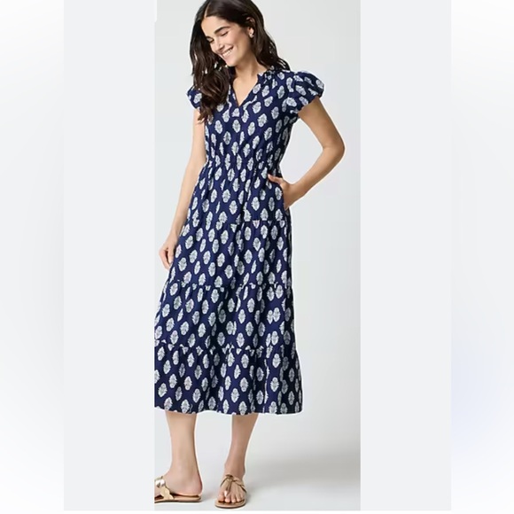 J Crew blue leaf print midi dress size 10P new - Picture 2 of 6